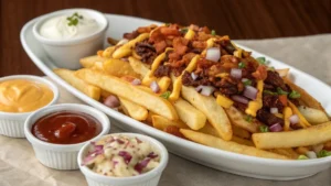 loaded french fries recipes plated with sauces Indulge in These Mouthwatering Loaded French Fry Recipes