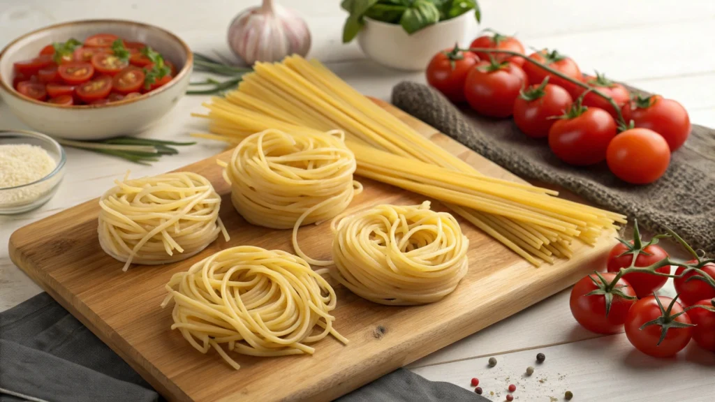 spaghetti types on a cutting board with tomatoes Discover the Diverse World of Pasta