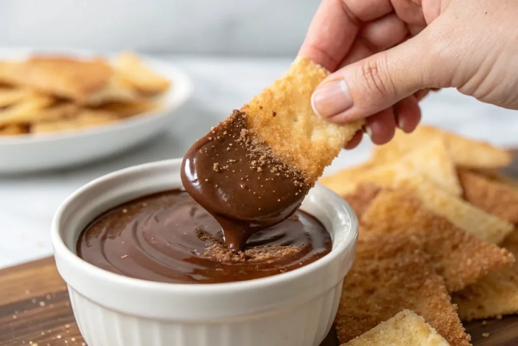 a hand dipping a cinnamon sugar chip into a bowl How to Make Cinnamon Sugar Chips: The Perfect Sweet Snack